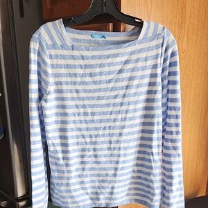 J. McLaughlin Cotton Blend Light Blue and Cream Striped Top Medium